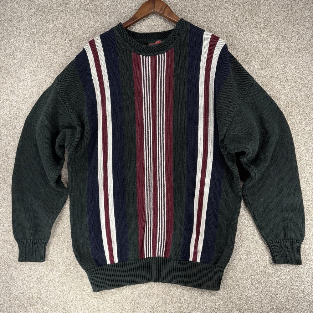 Stone Haven VTG 90s Pullover Sweater XL‎ Stripes Retro Green Heavy Knit Chunky